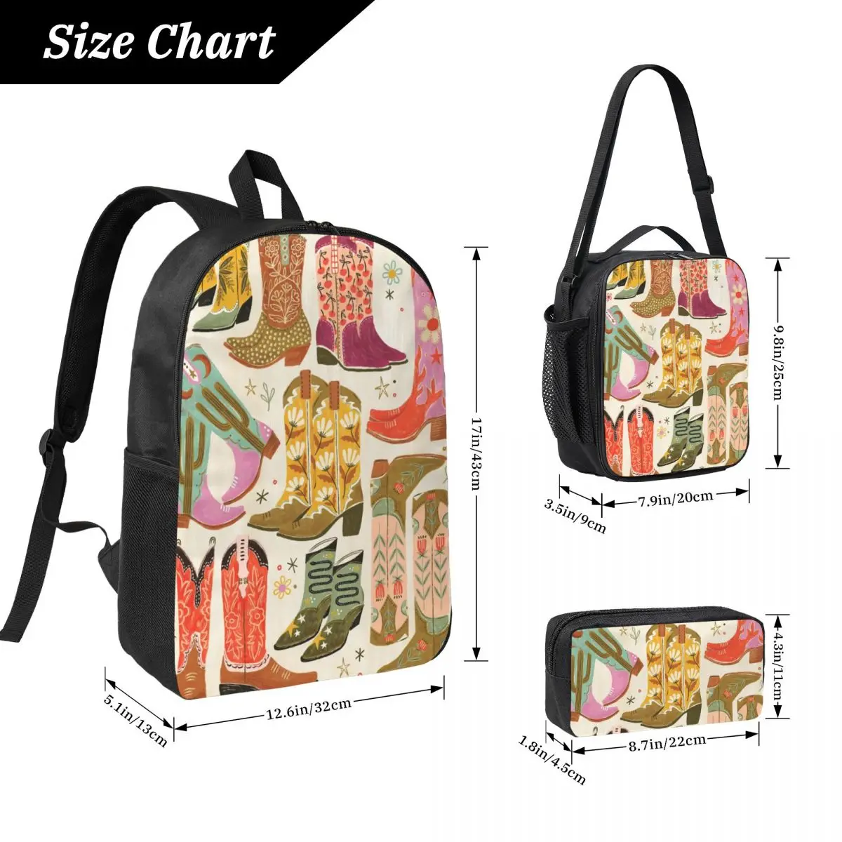Western Style Boot Pattern Backpack Student BookBag School Bag Laptop Shoulder Bags 3ps Insulated Lunch Bag Pencil Case