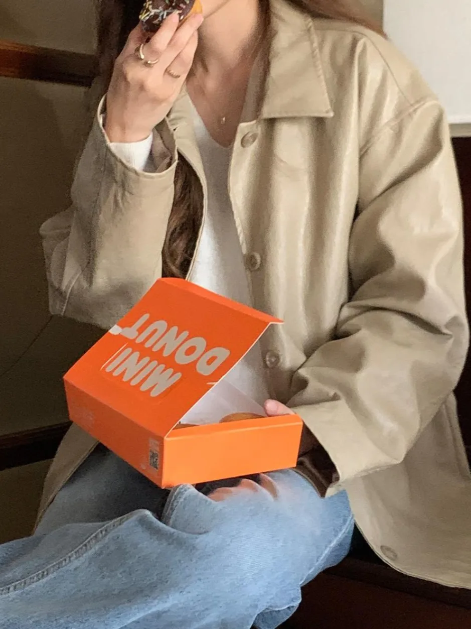 Chic Early Spring mat Sle Single Button Stand Collar Mid-Length PU Leather Jaet Women Loose Casual Leather Coat