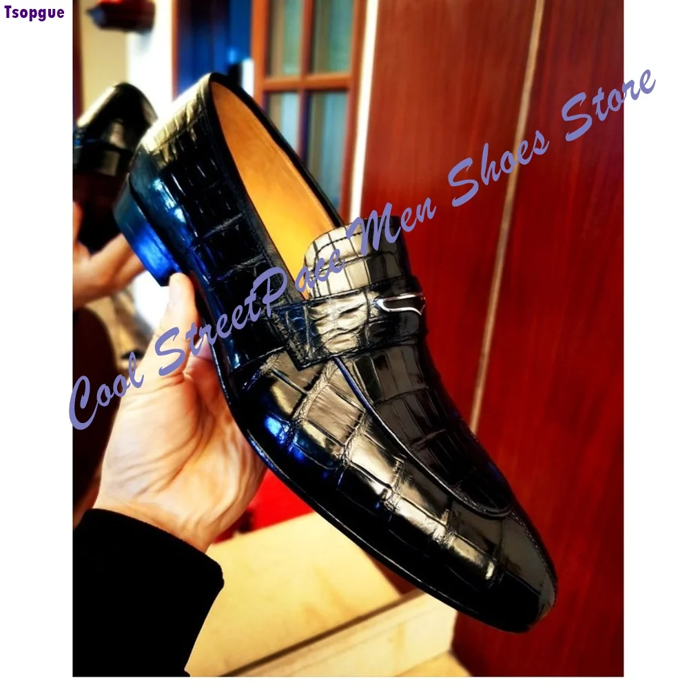 Men's Crocodile Pattern Metal Buckle Penny Loafers Genuine Leather Slip On Formal Business Wedding Dress Shoes 2026 New Arrival