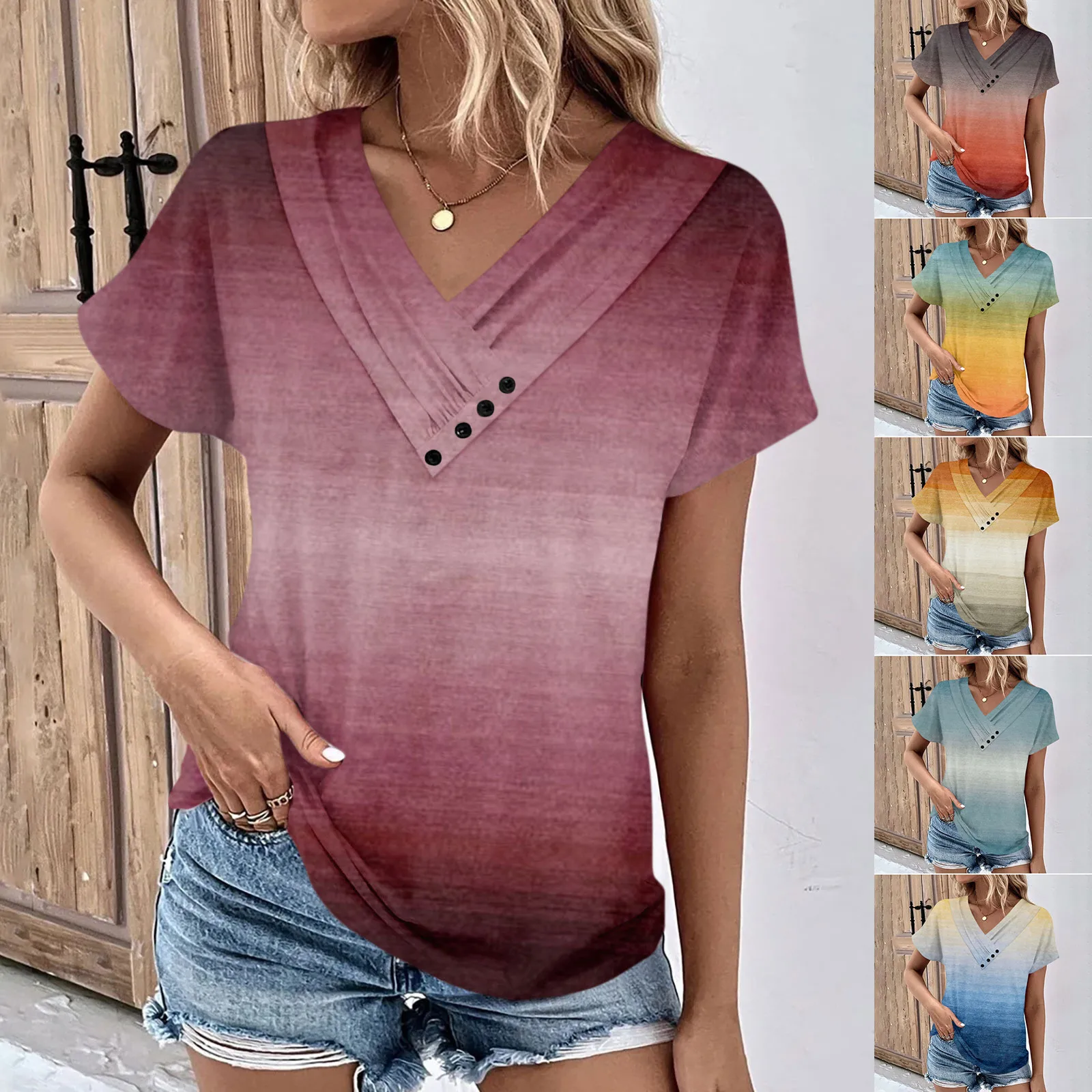 Summer Women'S V-Neck Pullover Gradient Color Button Shirring Folds Asymmetrical Short Sleeve T-Shirt Fashion Casual Loose Tops