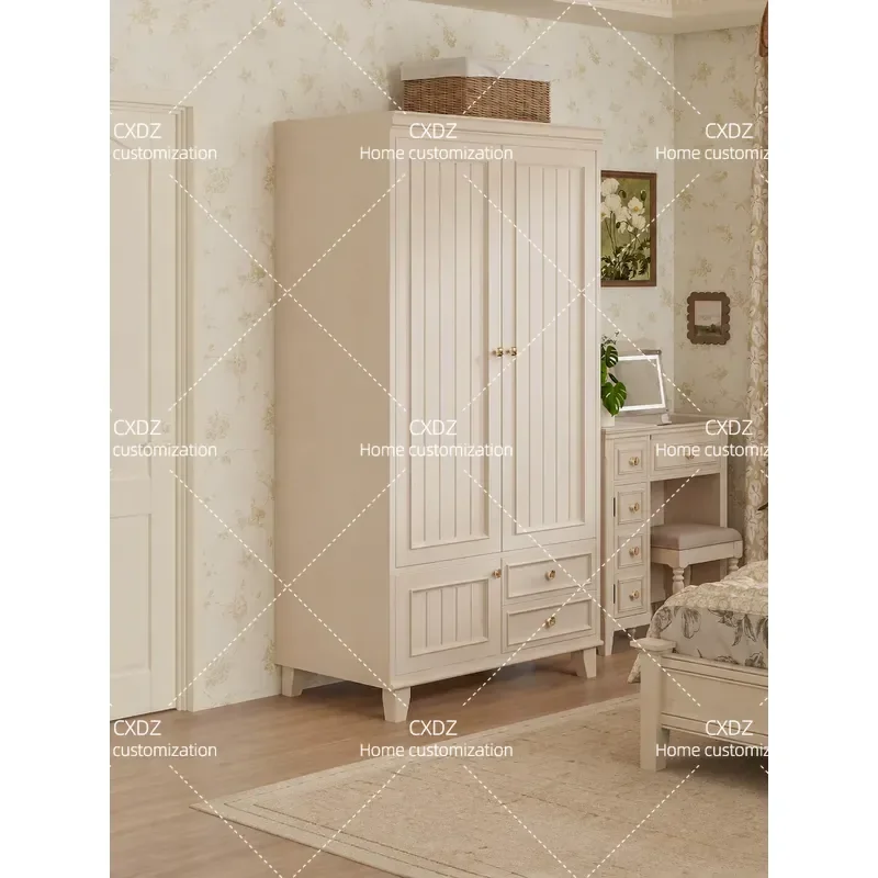 Retro Solid Wood Wardrobe Cream Style Bedroom Home Storage Cabinet with Drawers Large Capacity Clothes Organizer Furniture