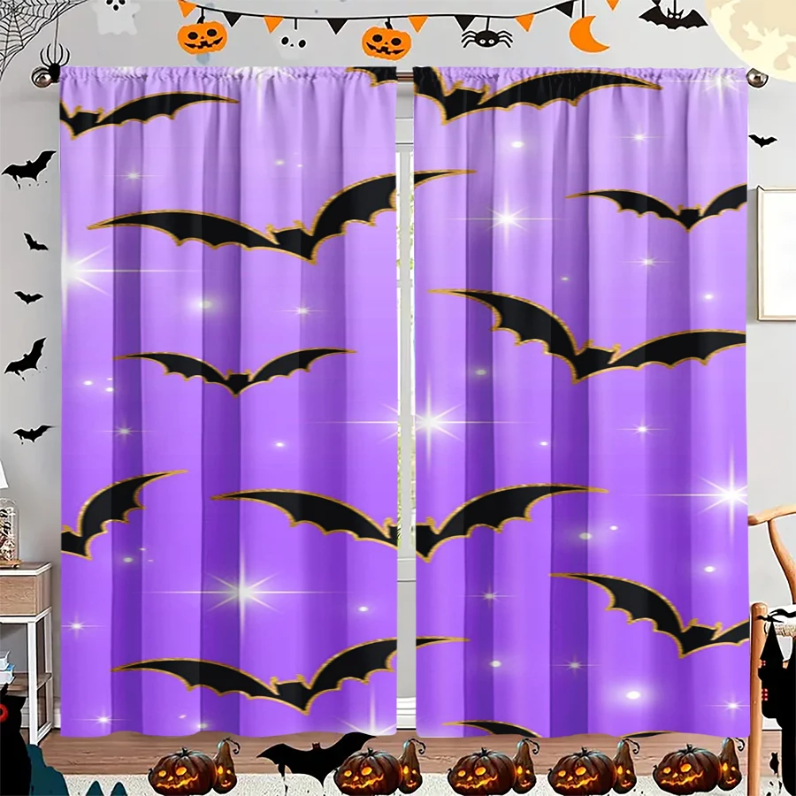 2PCS Digital Print Curtain, Bat Swarm Sparkling Stars, Purple Background Halloween Gothic Style for Living Room Bedroom Decor