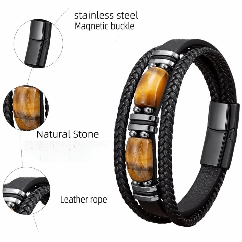 Wristband Bracelet Multi-Layer Tiger Eye Stone Bracelet Adjustabl Retro Leather Bracelet Handmade Braided Beaded Bracelet Women