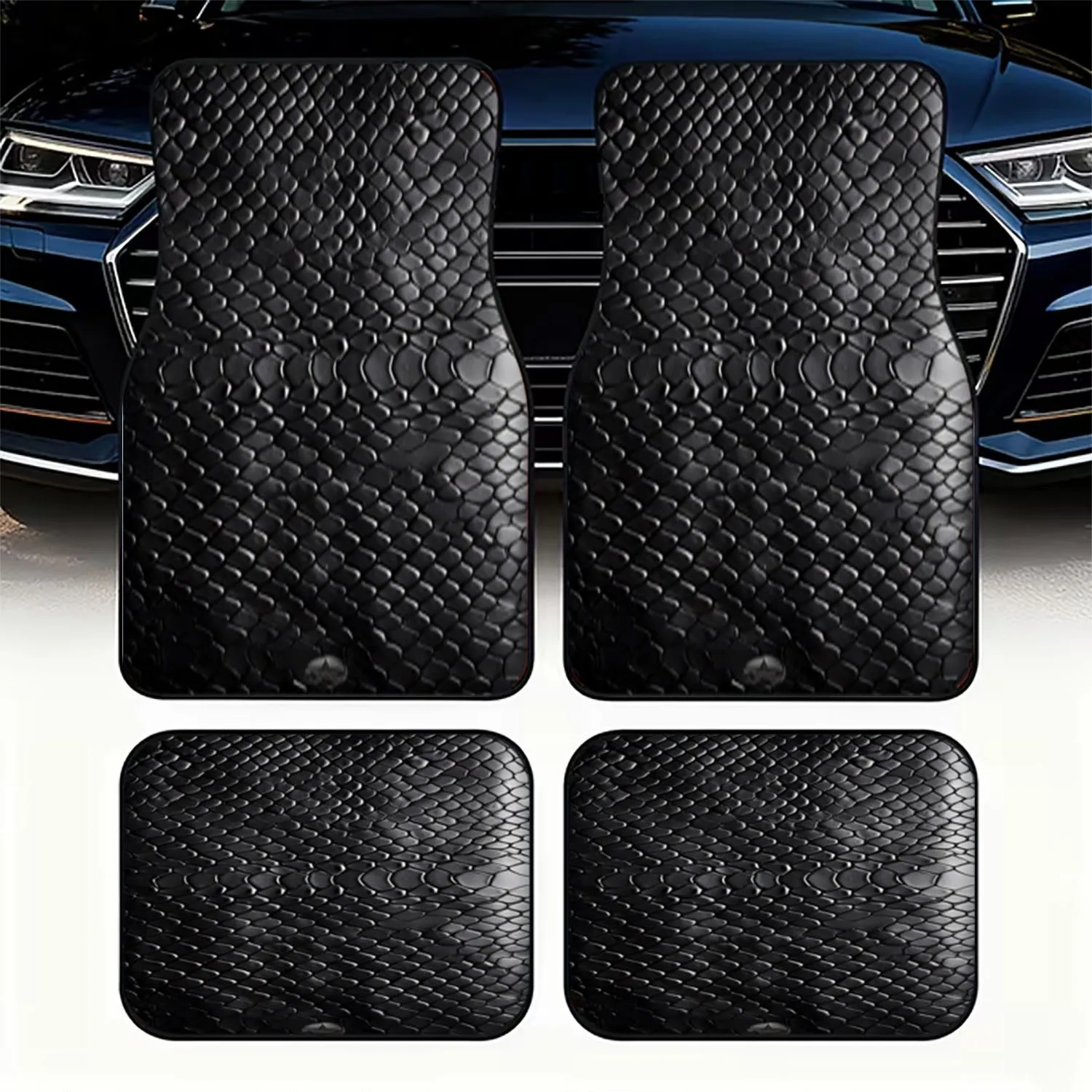 4pcs Black Reptile-Patterned Car Floor Mats | Polyester Material, Sleek & Polished Texture, Universal Fit For Cars, Interior Dec