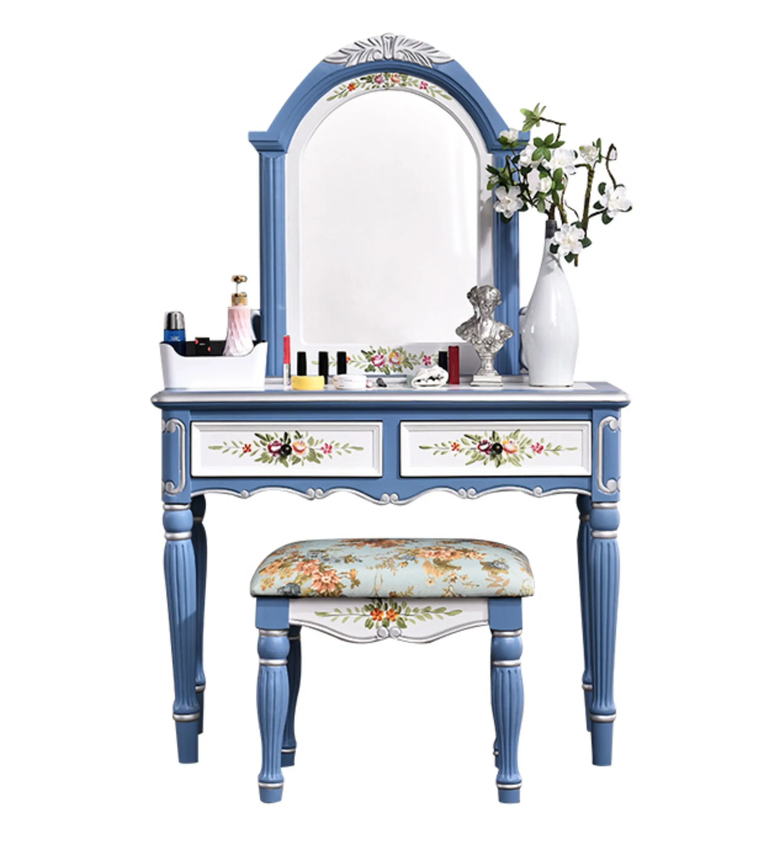 

American dressing table European dressing table bedroom modern simple solid wood painted retro princess dressing table pastoral
