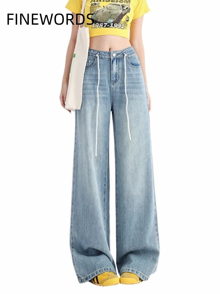 

FINEWORDS Vintage Y2k Wide Leg Baggy Jeans Women Korean High Waist Denim Pants Light Blue Causal Streetwear pantalones de mujer