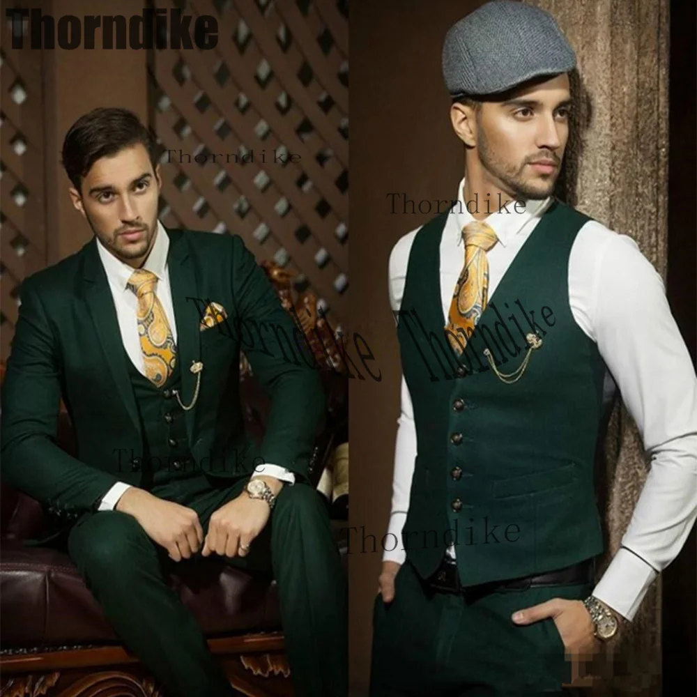 

Thorndike Custom Made Dark Green Suit For Men 3 Pcs Casual Wedding Groom Tuxedos Men Suits For Wedding ( Jacket+Pants+Waistcoat)