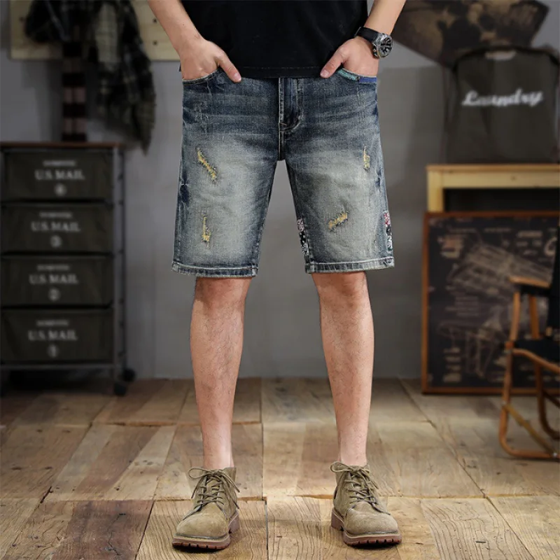 Denim Shorts Men's Summer Trendy Ripped Straight Ins Fashion Embroidered Printed Middle Pants Scrape Distressed Casual Shorts