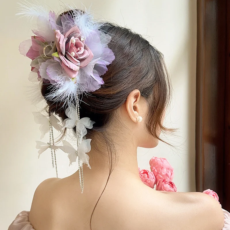 Flower Feather Tassel Hair Claw Clip Women Large High-end Sense 2024 New Summer Hair Clip Versatile Back of the Head Shark Clip