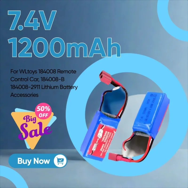 

7.4V 1200mAh Battery for WLtoys 184008 Remote Control Car, 184008-B, 184008-2911 Lithium Battery Accessories