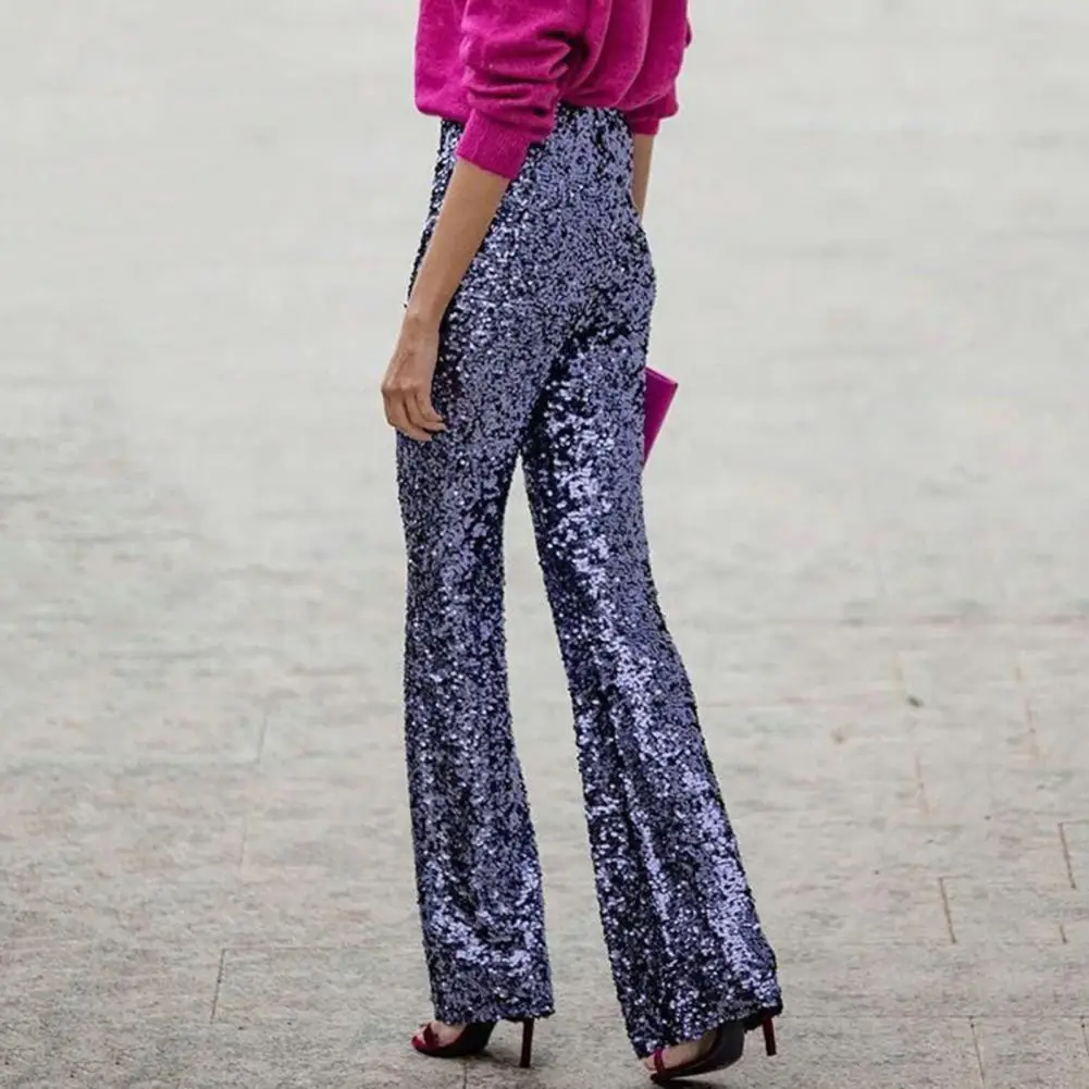 

Women Long Pants Solid Color Loose Pants Sequin Decorated High Waist Flared Pants for Women Slim Fit Long Trousers for Parties