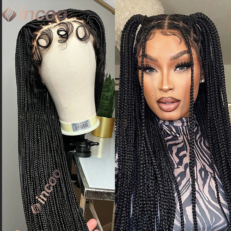 36 inch Knotless Box Braid Wigs For Black Women Black Synthetic Wigs Neat Cronrows Full Lace Braided Wigs African For Daily Use