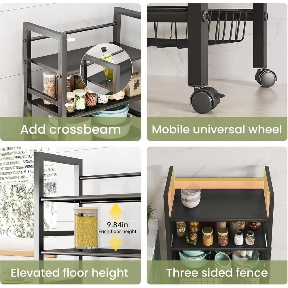 عربة تخزين معدنية كبيرة مكونة من 4 طبقات مع سلة قابلة للفصل وعجلات قفل، منظم أسود متعدد الاستخدامات #3