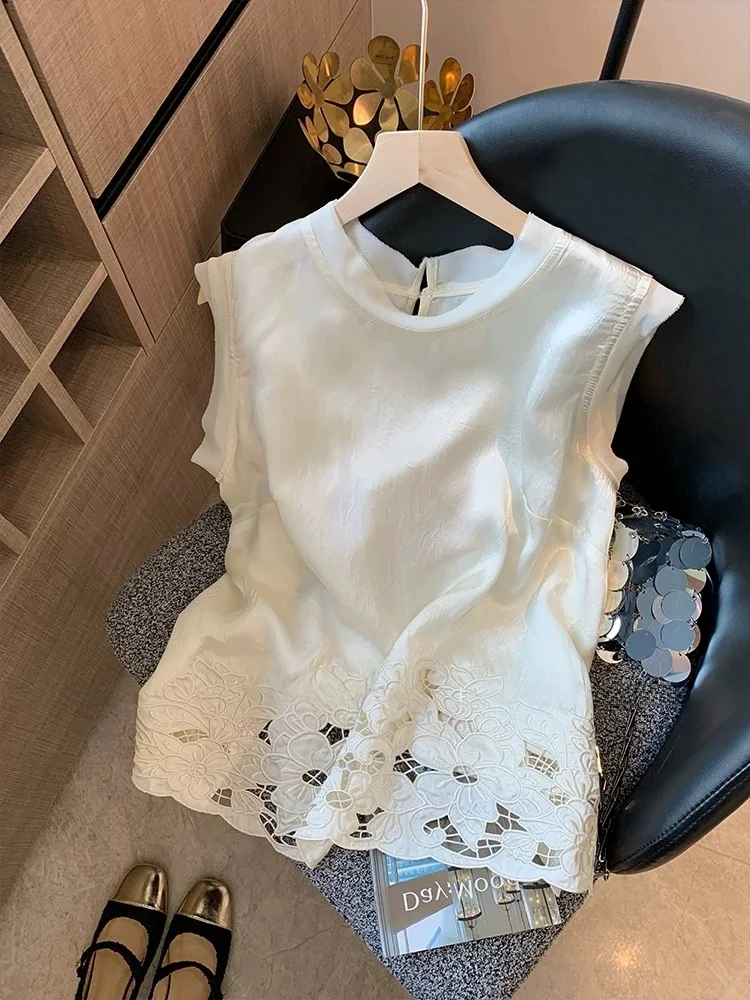 

Ele Hollow out Lace Svel Top Women's Summer New Faion High Quali Tank Vest Korean Sle Commute Scene Bod...