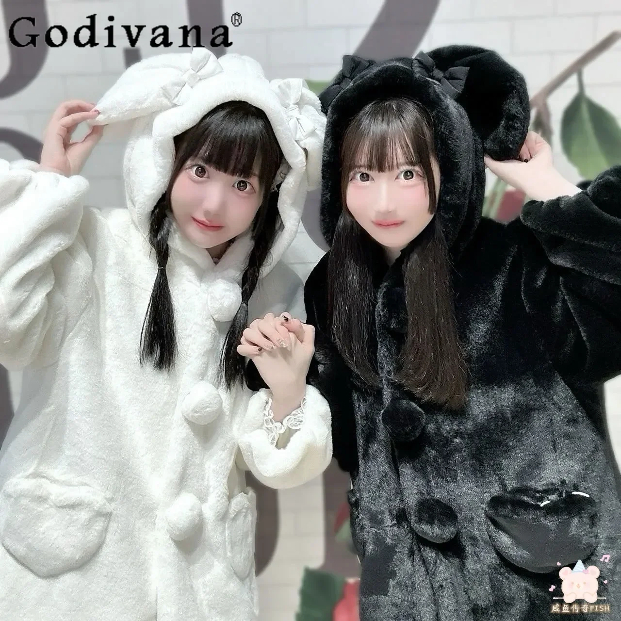 

Japanese Sc Mine Style Lolita Kawaii Furry Coat Mass-produced Rabbit Ears Bow Single-breasted Loose Thick Plush Jacket Women