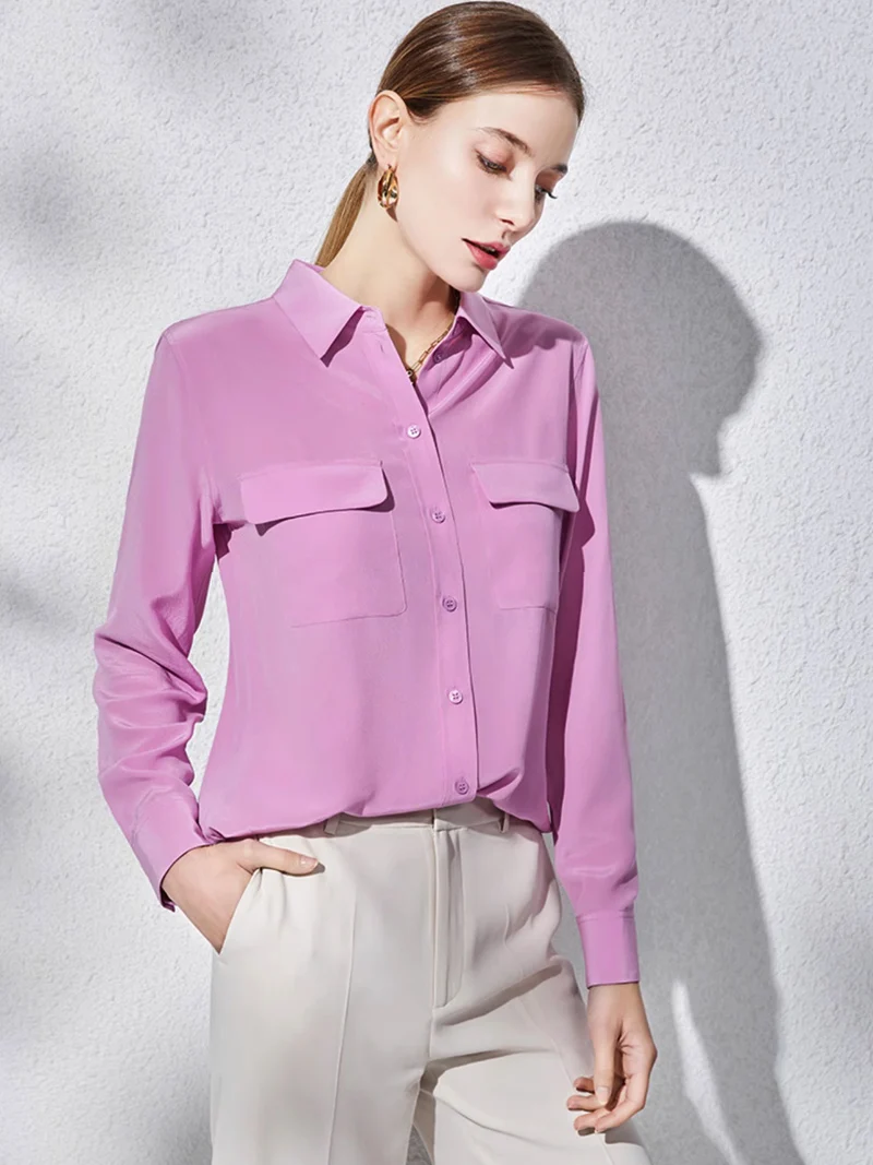 SuyaDream, Women Pockets Shirts, 100%Real Silk, Turn Down Collar, Solid Chic Blouses, 2024 Spring Summer Office Lady Top