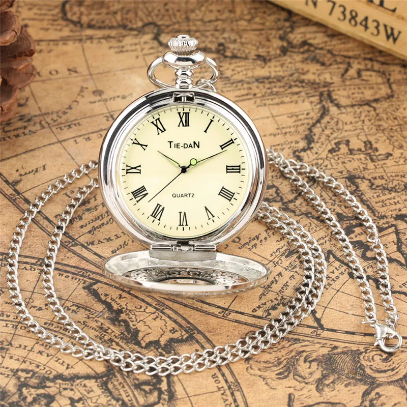 Silver Hollow Out Flower Case Men Women Quartz Pocket Watch Half Hunter Clock Roman Number Dial with Necklace Pendant Chain