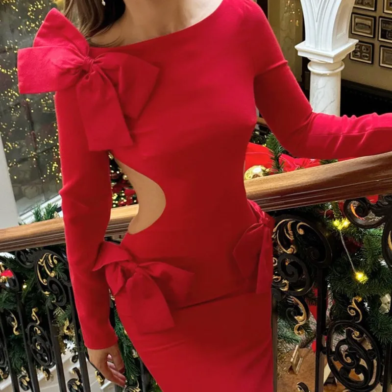 2025 NEW Autumn Long Sleeved Dress Festival Dress Up Party Slim Hip-packing Long Skirt Bowknot Hollow Out