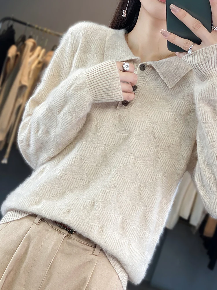 Fashion 100% Wool Women\'s Sweater POLO Neck Pullover LongSleeve Top Knitwear Thick Warm Soft Comfortable Jacquard Weave Cardigan