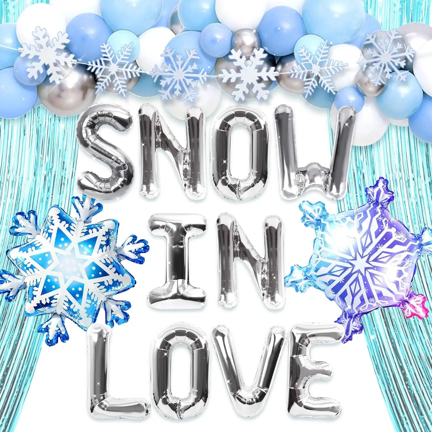 LaVenty Snow In Love Bruidsdouche Decoratie Winter Bruidsdouche Decoraties Sneeuwvlok Ballonnen Zilveren Slinger Met Sneeuwvlokken