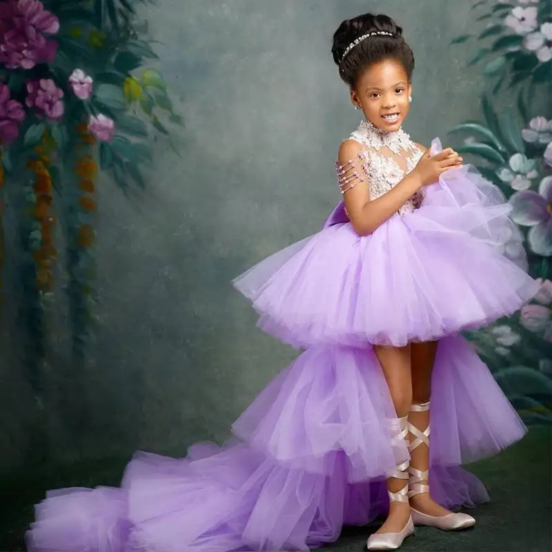 

Flower Girl Dresses Purple Tulle Puffy White Appliques High-low Skirt With Tailing Sleeveless For Wedding Birthday Banquet Gowns