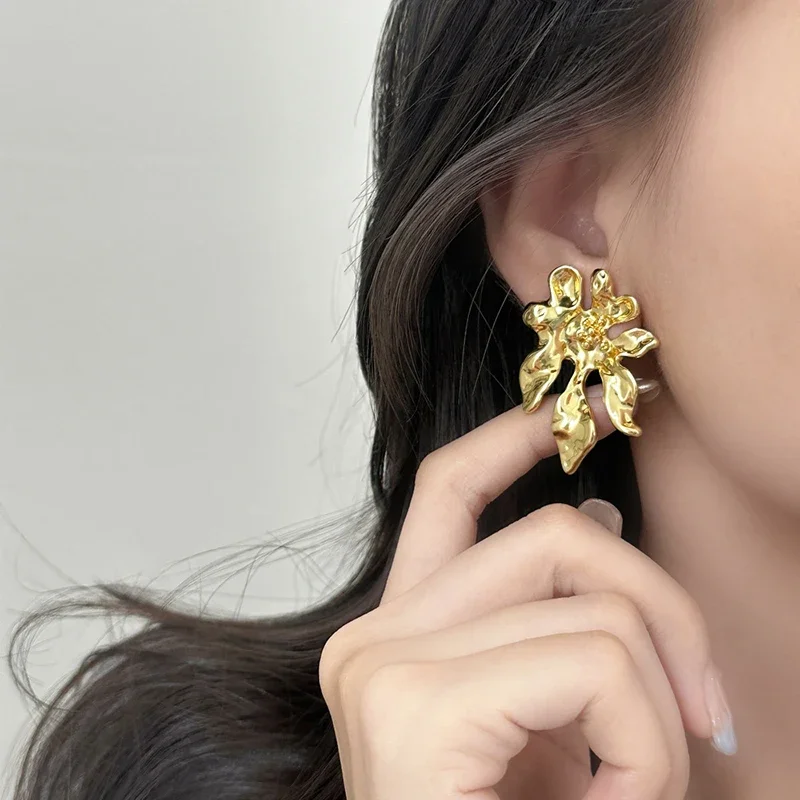 

Real 925 Sterling Silver 18K Gold Exaggerated Flower Stud Earrings for Women Minimalist Fine Jewelry Vintage Accessories