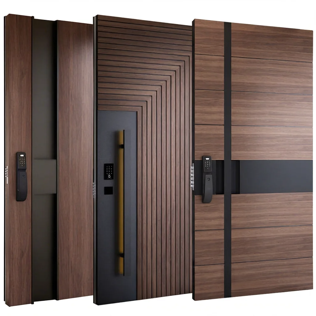 Classic American Style Design Home Entrance Steel Door with Anti-theft Security Stripes Aluminum Wood Pivot Door for House