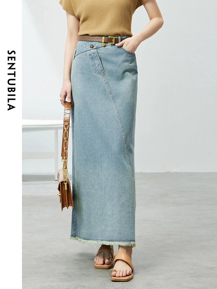 

SENTUBILA Casual Cotton Denim Maxi Skirts for Women 2024 Spring Summer Tassel Hem Asymmetrical High Waist Jeans Skirt W42Q54348