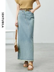 SENTUBILA Casual Cotton Denim Maxi Skirts for Women 2024 Spring Summer Tassel Hem Asymmetrical High Waist Jeans Skirt W42Q54348