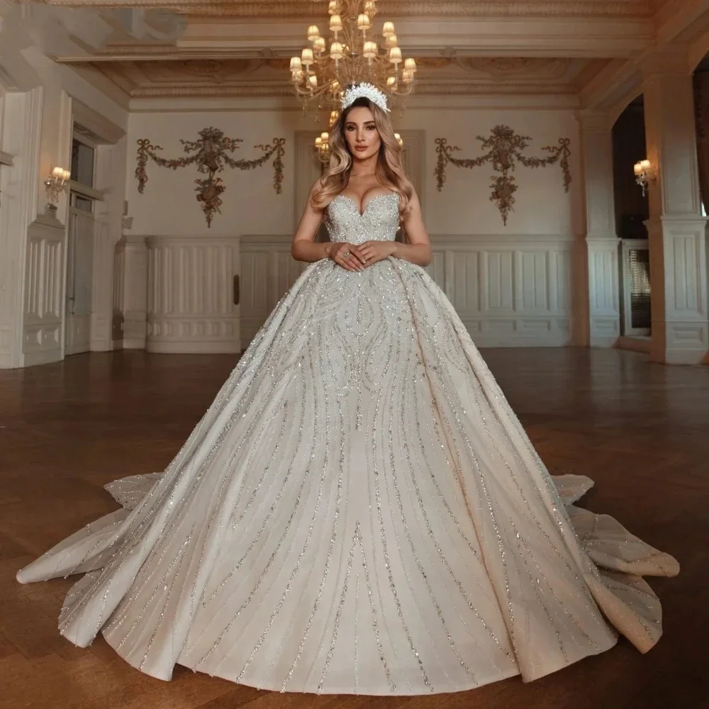 

Flavinke Customized A Line Women Wedding Dresses 2025 Sweetheart Neck Sleeveless Bridal Gowns Crystal Sequins Sweep Train Dress