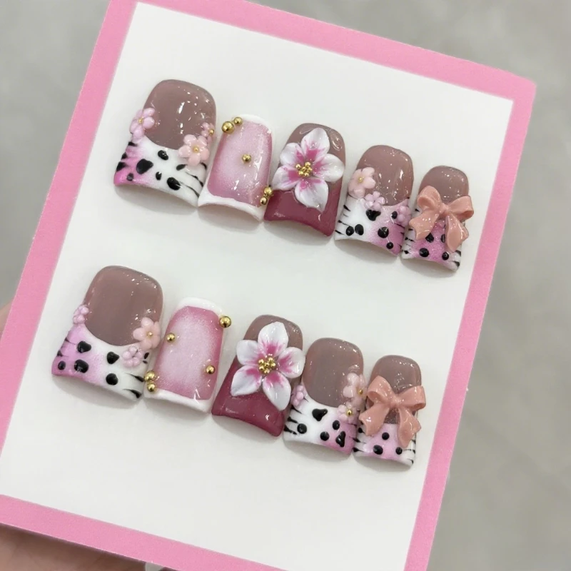 

10Pcs Short Duck Handmade Nails 3D Purple Flowers Acrylic Press on Nail Diamond Pearl Leopard Print Design French False NailTips