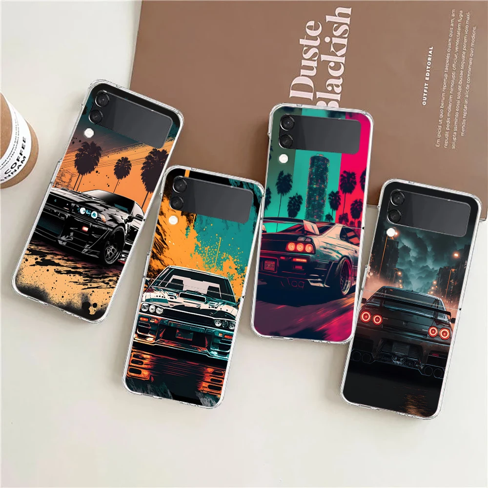 Sports Car JDM Tokyo drift For Samsung Galaxy Z Flip 3 4 5 Hard Folding Clear PC Phone Case For Samsung Z Flip3 Back Cover