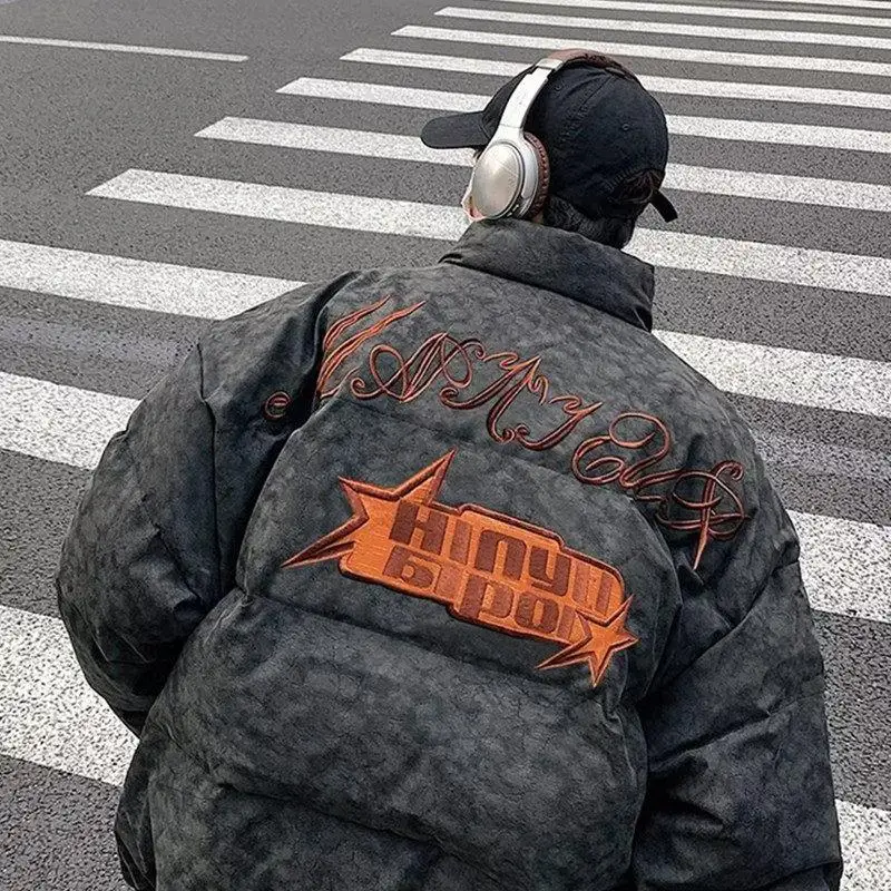

Harajuku Style Men's Cotton Jacket Hip Hop Embroidery Loose Fit Bread Coat Casual Thickened Youth Popular Streetwear