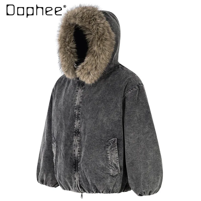 

High Street Vintage Washed Detachable Faux Fur Collar Hooded Cotton Jacket for Men and Women Winter Warm Thickened Cotton Coat