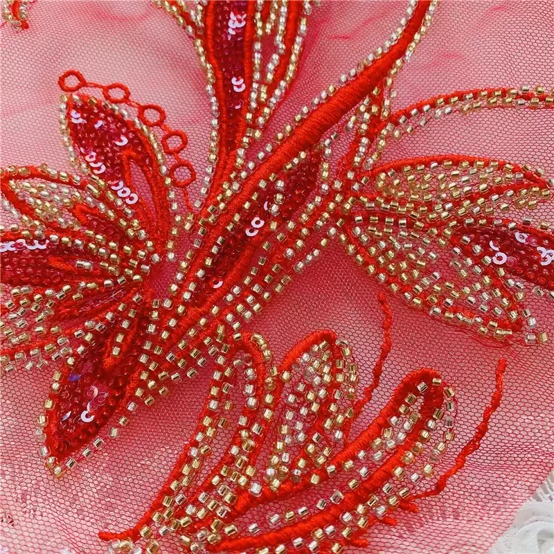 Red Mesh Sequin Gold Silver Beads Lace Trim Evening Dress Accessories Stage Costume 26x30cm