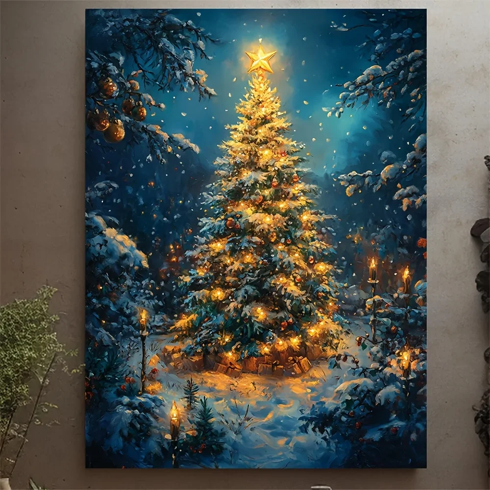 (No frame)1pc Elegant Snowy Christmas Tree Canvas with Frame - 12x16 Inch Festive Winter Wonderland Scene, Warm Lights & Fall