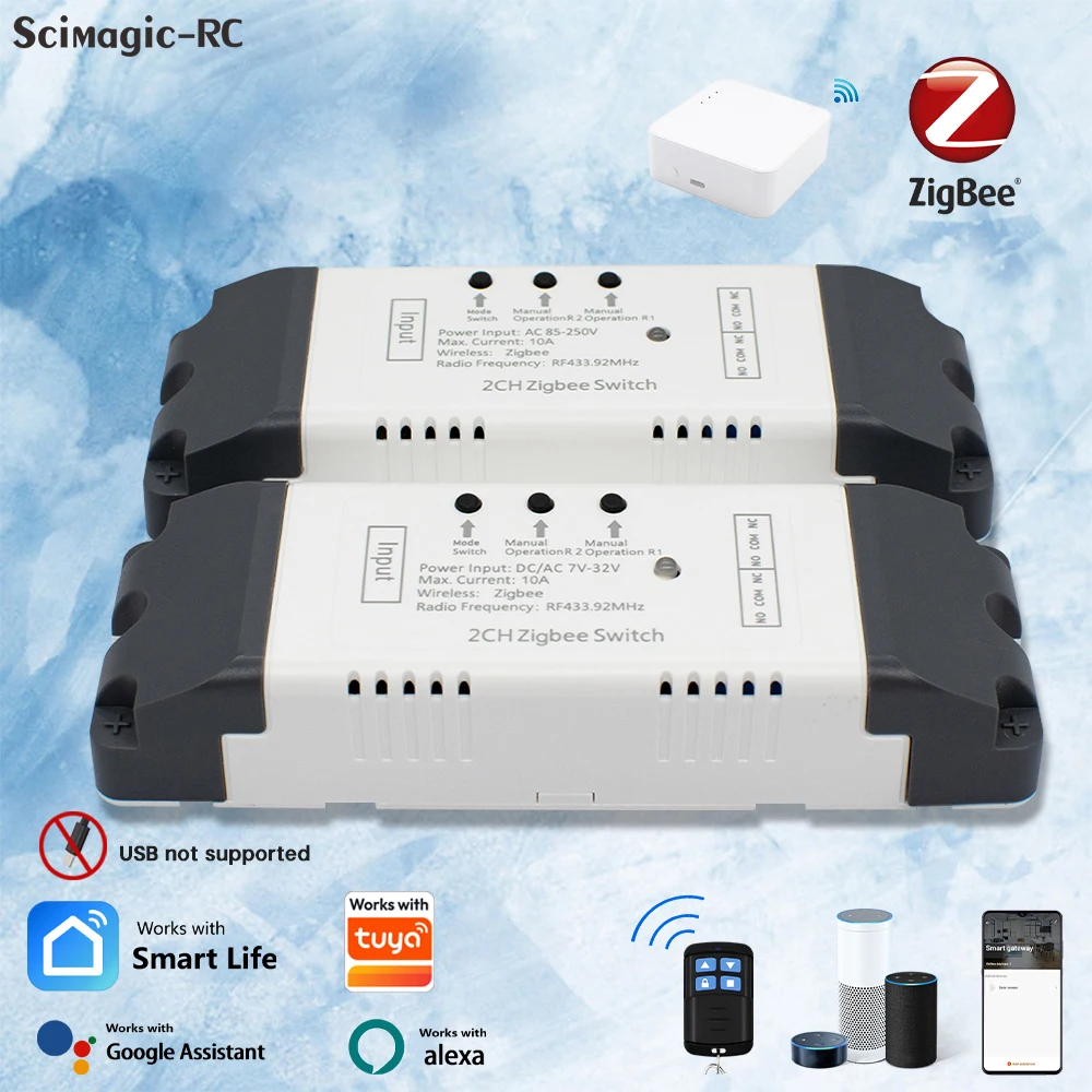 Interruptor Inteligente Zigbee de Contato Seco 1/2 Canais para Abertura de Portão de Garagem, Placa de Relé para Trilho DIN, Módulo RF433 12V 24V 230V, Compatível com Tuya e Alexa