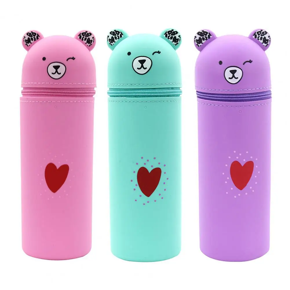 Storage Box Pouch Bear Shaped Silicone Pen Case with Zipper Closure Organizer for Gadgets Cat Design Storage