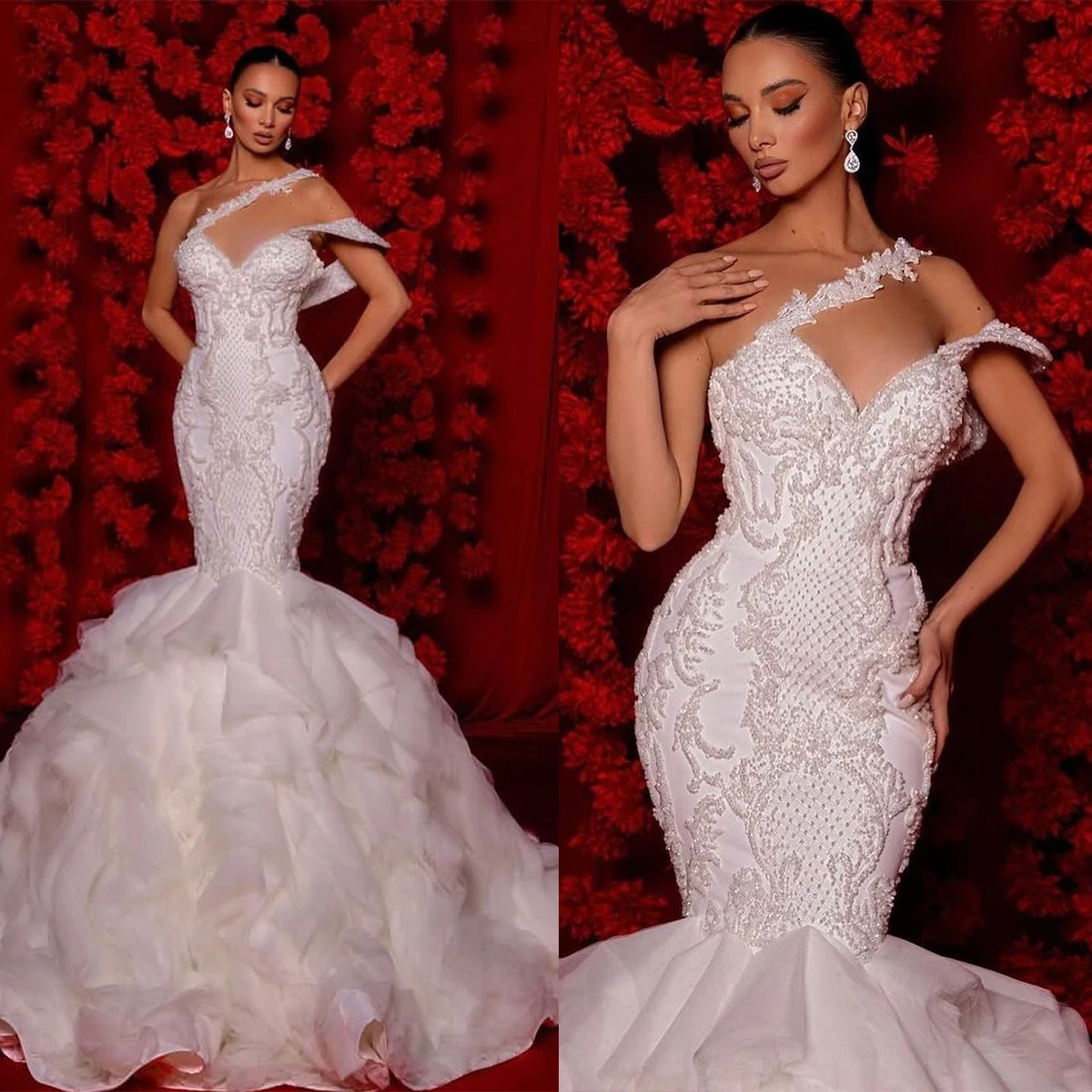 

Luxury Mermaid Wedding Dresses Sexy One Shoulder Sleeveless Robe De Mariée Custom Made Sweep Train Appliques Lace Bridal Gowns