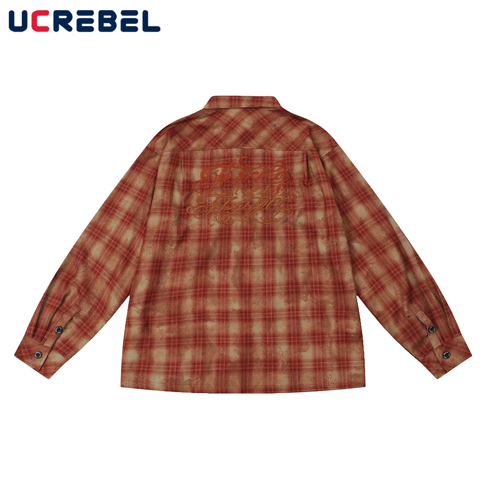 Embroidery Pocket Plaid Shirts Mens Autumn Streetwear Hip Hop Loose Lapel Single Breasted Long Sleeve Shirts Men