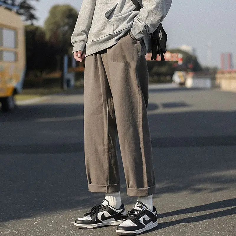 

Весенне-осенние брюки-карго с широкими штанинами в английском стиле, однотонные эластичные карманы, мужская одежда, винтажные укороченные брюки с высокой талией