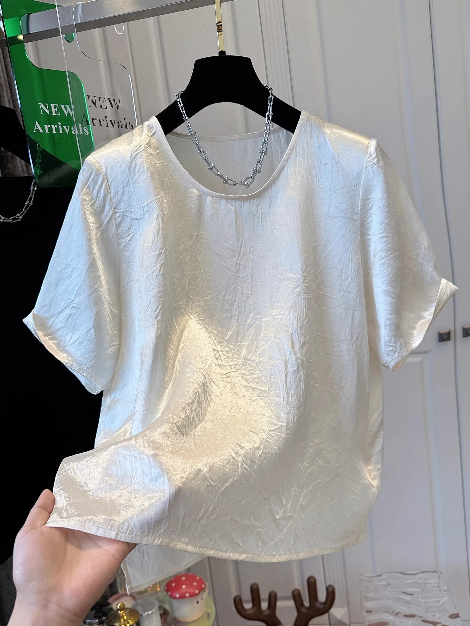 특대형 300포 아세테이트 새틴 질감 접이식 여성 여름 신상 루즈핏 탑 쉬폰 블라우스