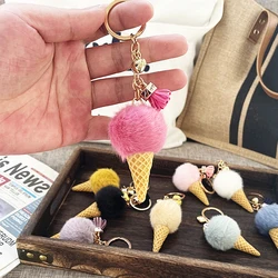 Candy Color Ice Cream Shape Keychain Cute Pompom Pendant Keyring for Women Girls Wallet Handbag Ornament Car Key Decoration