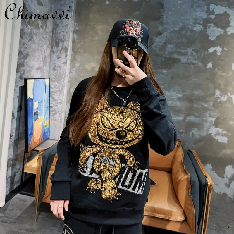 

Autumn Heavy Hot Diamond Cartoon Black Top Men's and Women's Fashion Round Neck Long Sleeve Loose Streetwear Pullover Sweatshirt