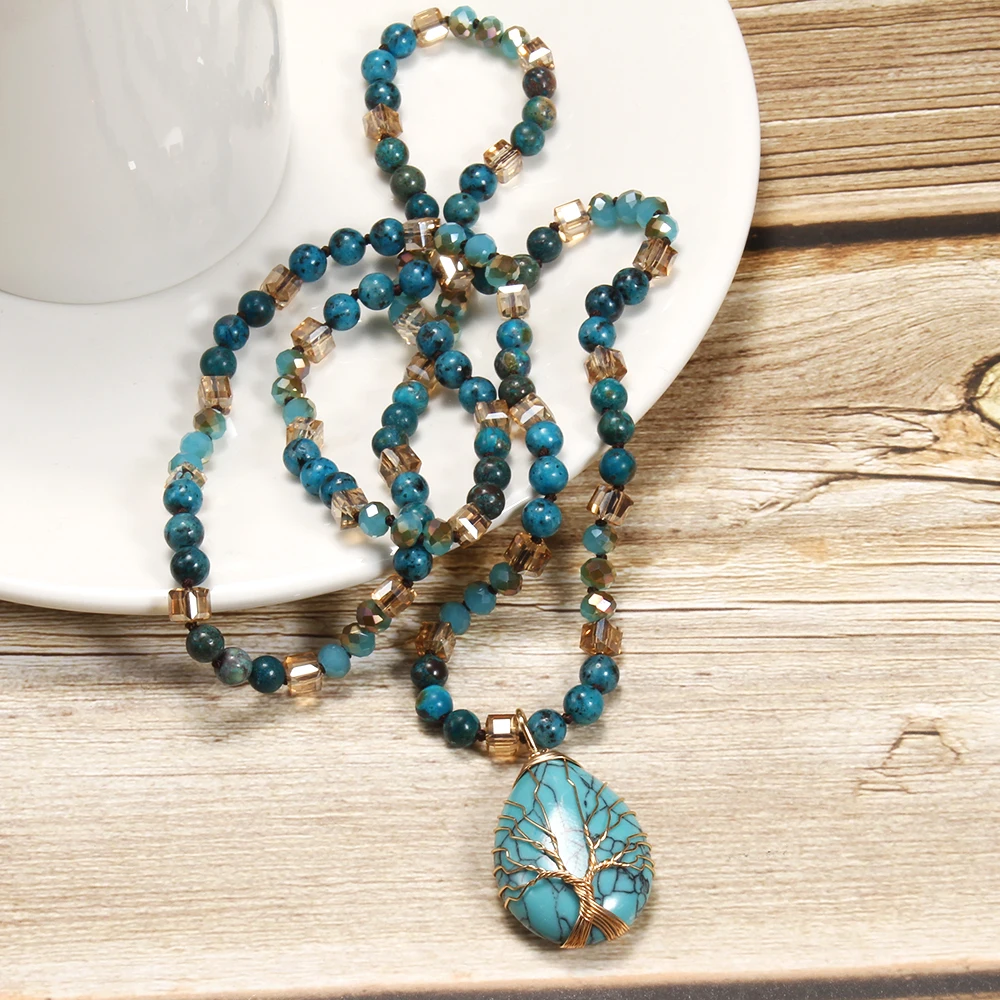 New Fashion Bohemian Spring Women Jewelry 6mm Natural Stone Knot Necklace Hand Wrapped Life Tree Stone Drop Pendant Necklace