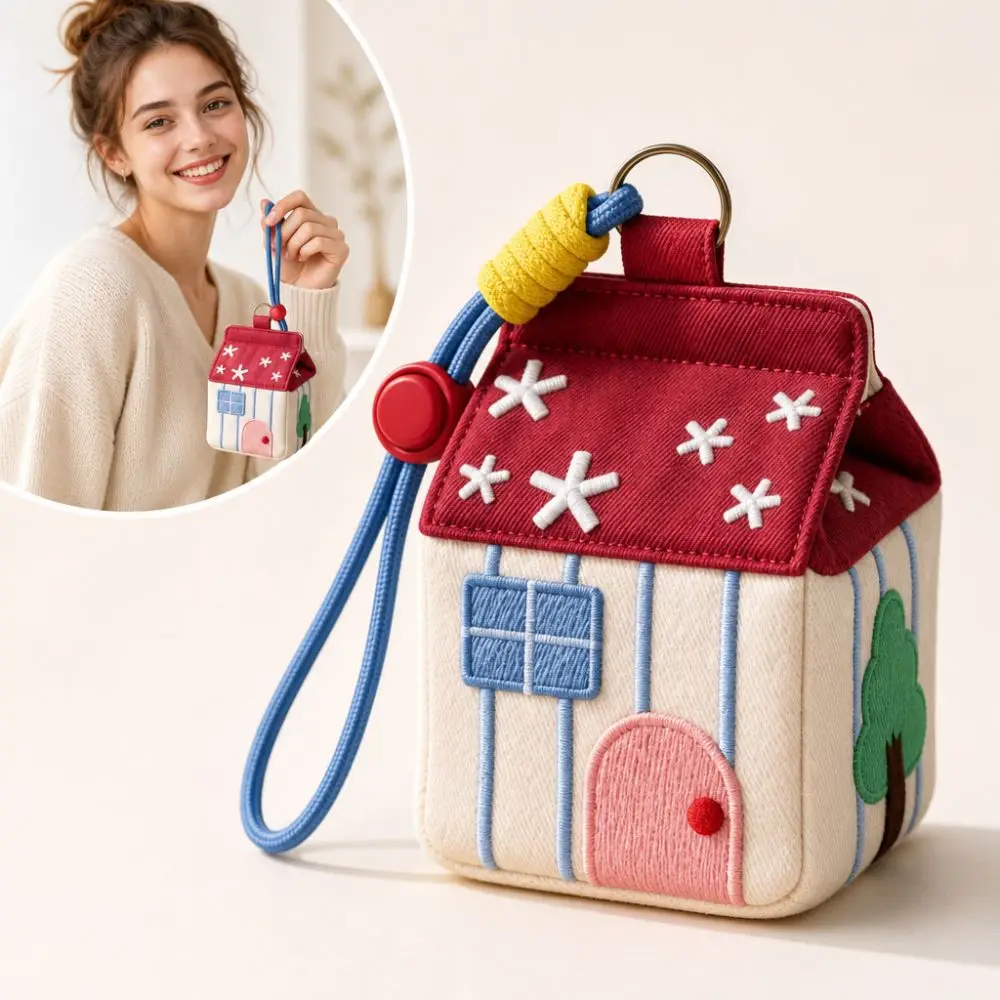 Cute Kawaii Red House Coin Purse Embroidery Pattern Large Capacity Keychain Earphone Bag Mini Versatile Makeup Bag Multipurpose