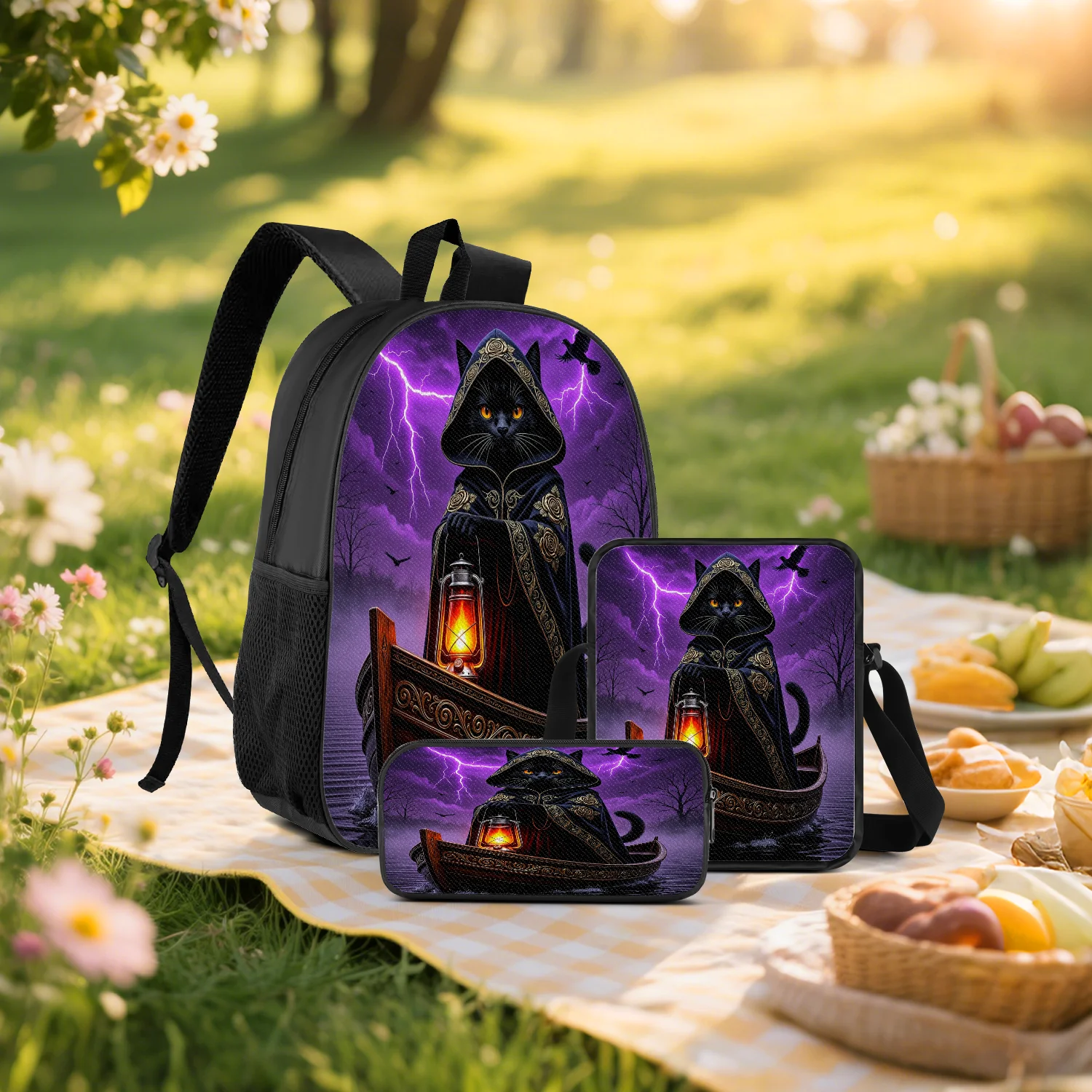 3-Piece Mystic Black Cat Print Backpack Set, Includes Backpack, Crossbody Bag and Pencil Case, Lightweight Unisex