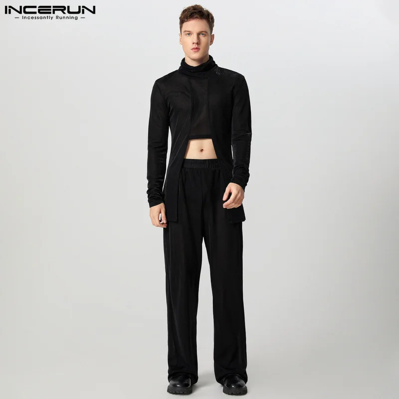 INCERUN Men Handsome Knitted Two Piece Suits 2024 Casual Well Fitting Solid Color Outfits Elegant Simple Flash Design Pant Sets