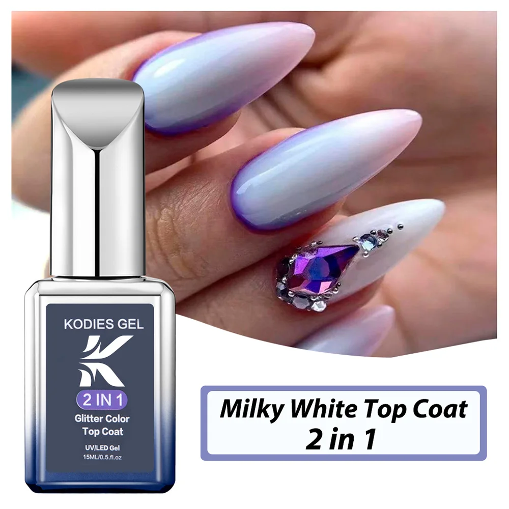 KODIES GEL Smalto per unghie gel bianco latte 2 in1 Glitter senza salviette Gel Top Coat Sigillante Semi permanente UV Forniture per unghie Finitura