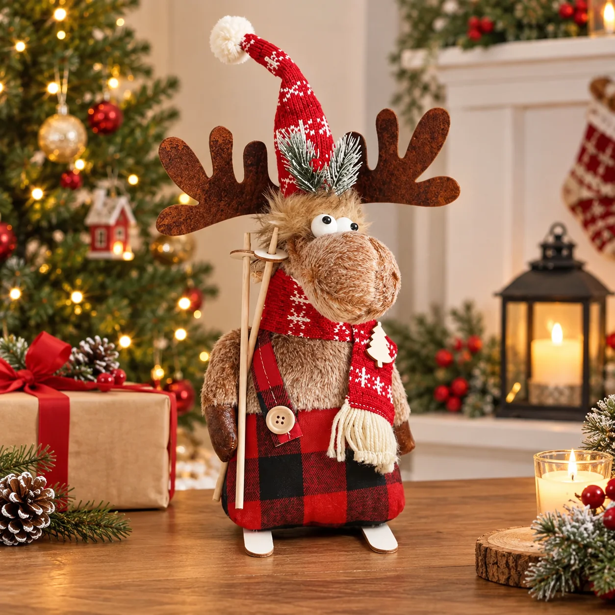 Christmas Reindeer Plush Doll Toy Stuffed Elk Gnome Santa Figurine Cute Table Decor Ornament Birthday Xmas Gift for Kids